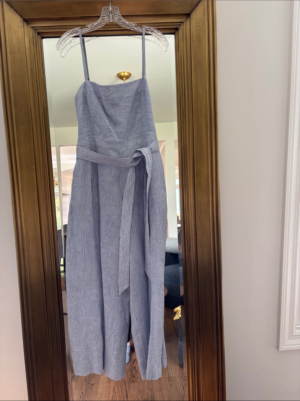 J. Crew Light Blue Striped Linen Jumpsuit with Waist Tie
